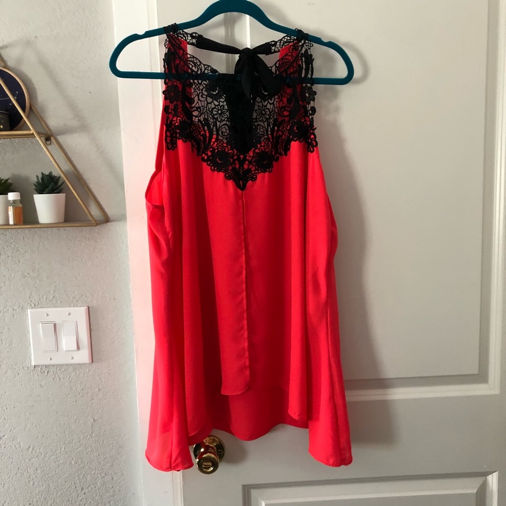 City Chic Plus Size Bright Coral Chiffon Lace Top